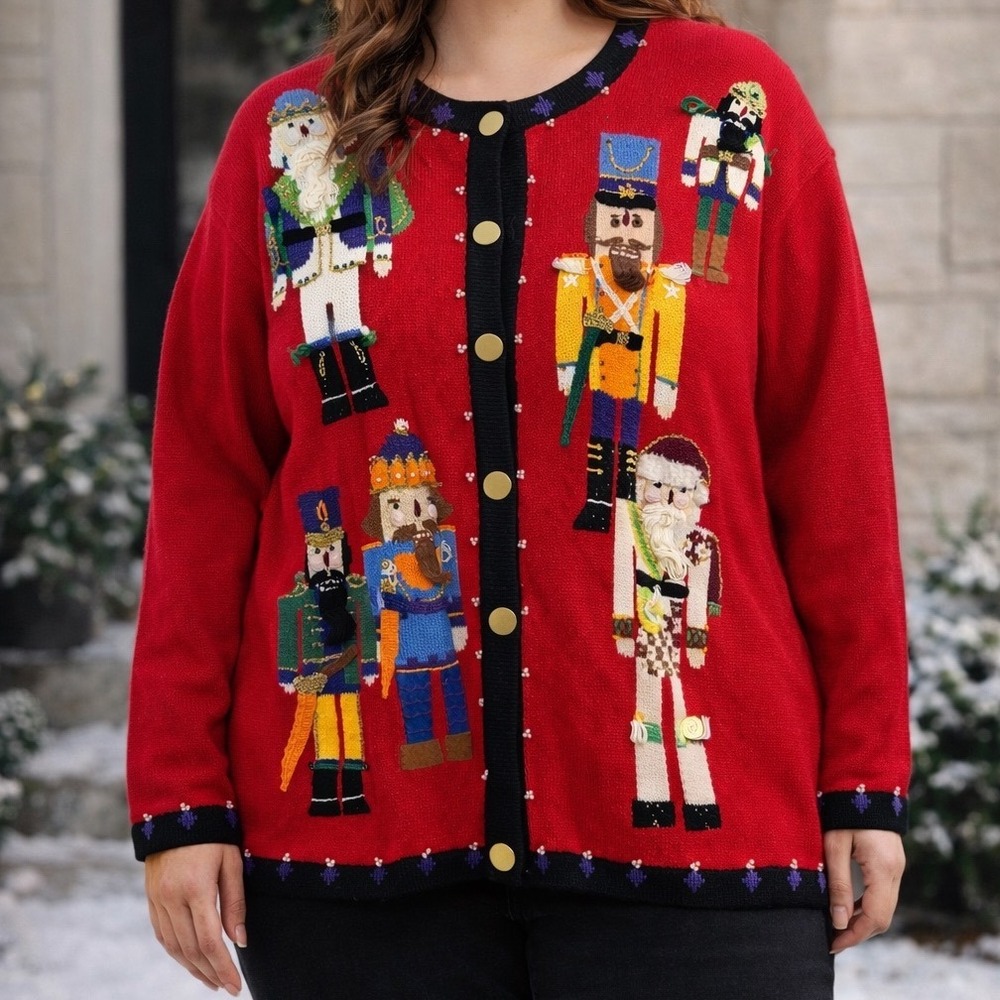 Storybook Knits Nutcracker Christmas Cardigan Sweater Red Beaded Vintage 1X